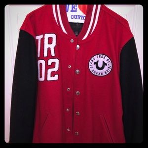 True Religion Men's Red Letterman Varsity Jacket